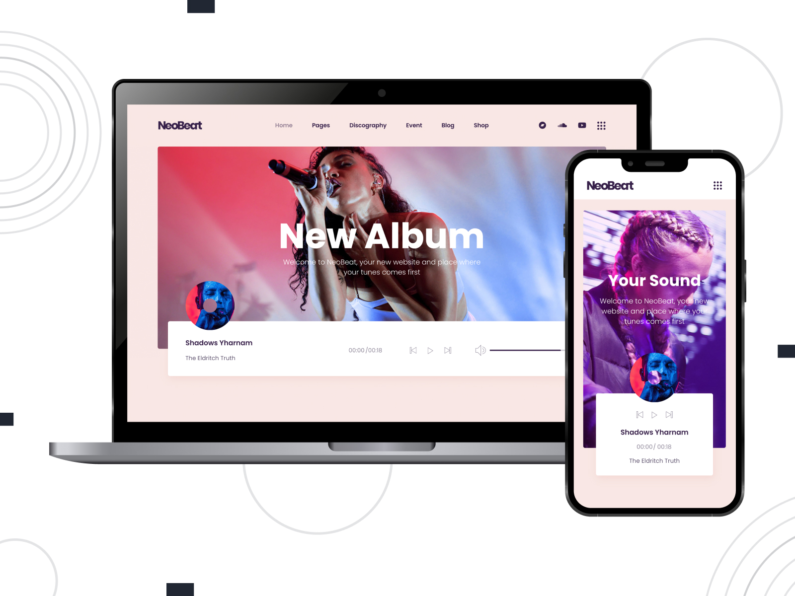 Portrait of NeoBeat, a creative WordPress theme for musicians with Elementor builder compatibility.