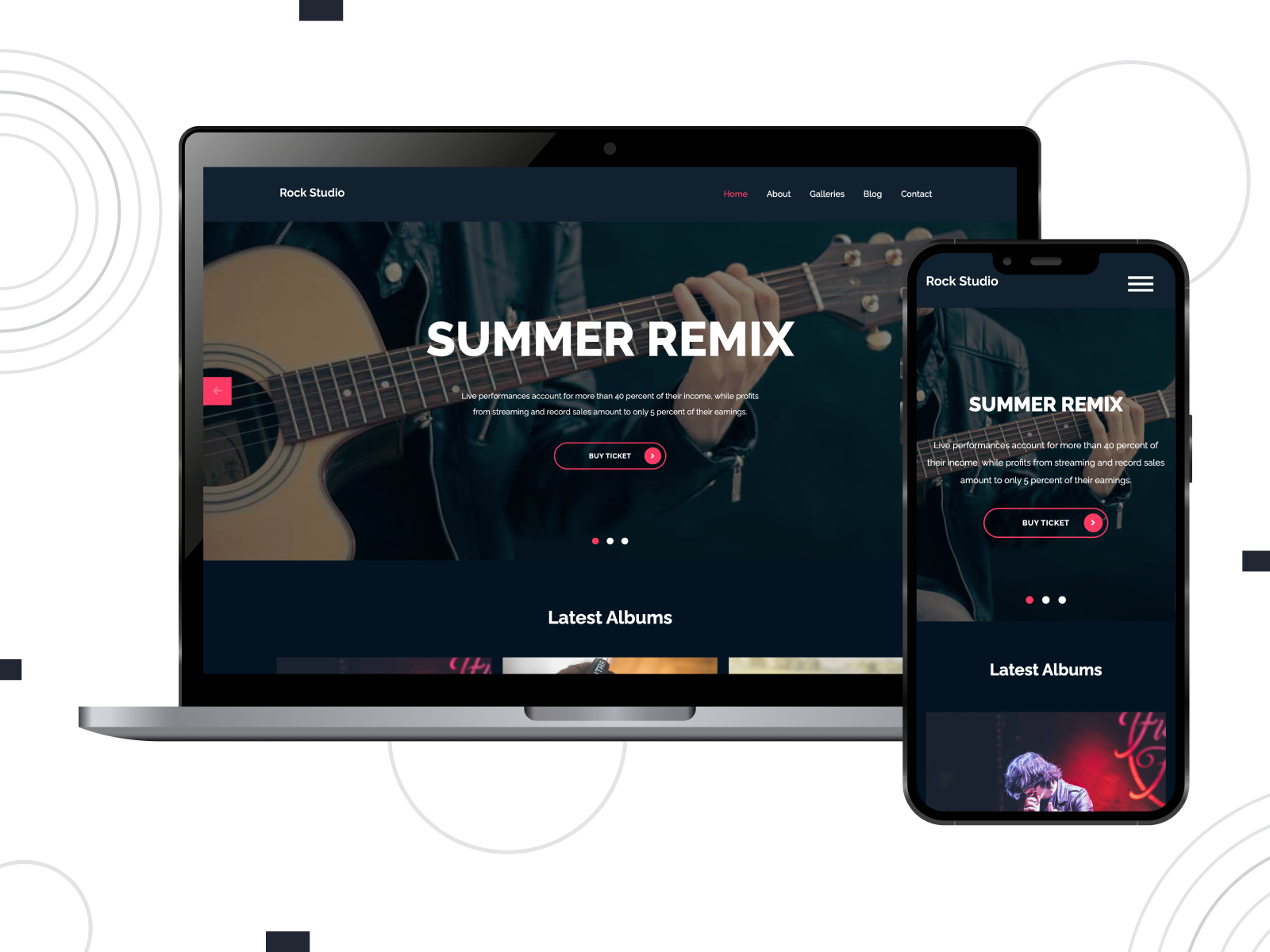Graphic of Rock Studio, an engaging & free WordPress theme for musicians with a custom Logo & menu.