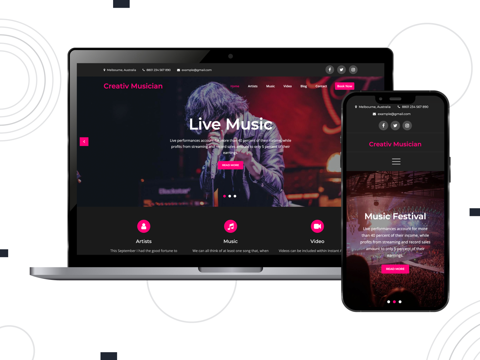 Photo of Creativ Musician, a free & secure music WordPress theme with an advanced blog section.