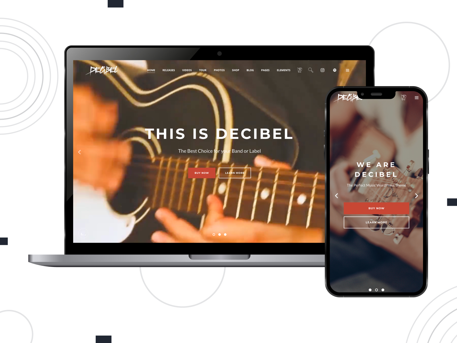 Visual of Decibel, a versatile WordPress theme for music bands with 12 well-designed homepage layouts.