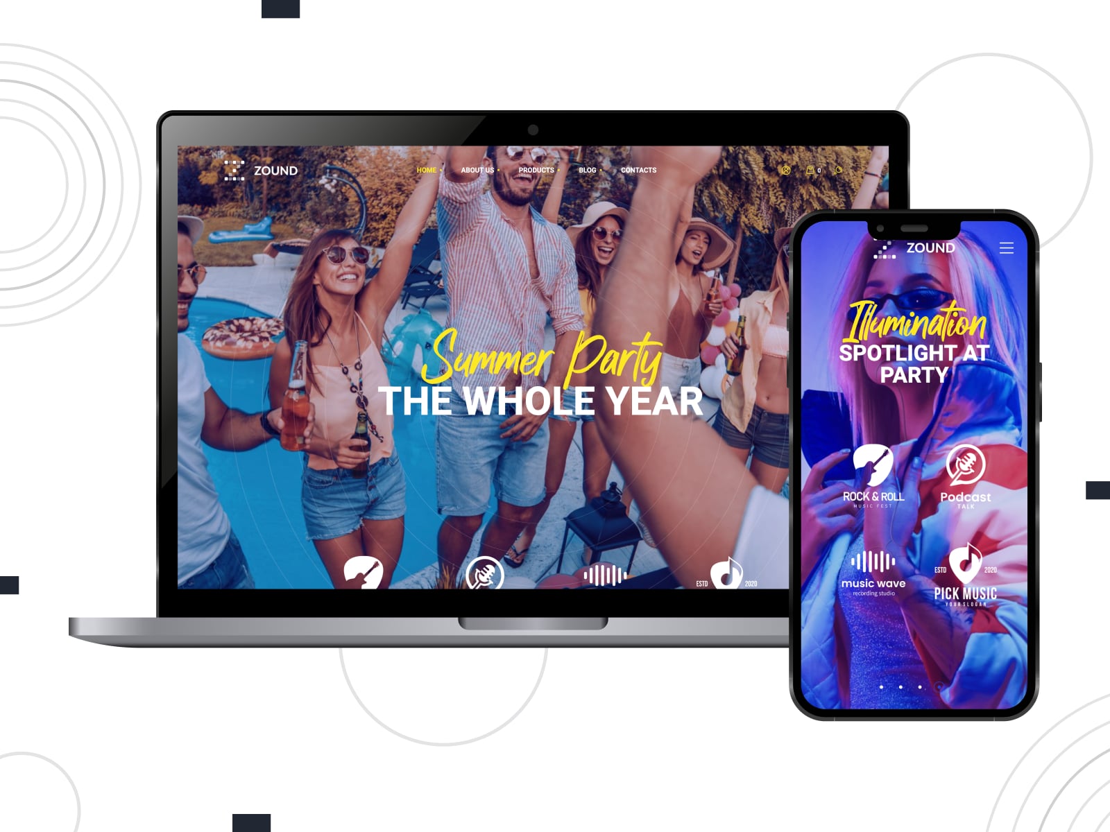 Illustration of Zound, a feature-rich music band WordPress theme with parallax effects.