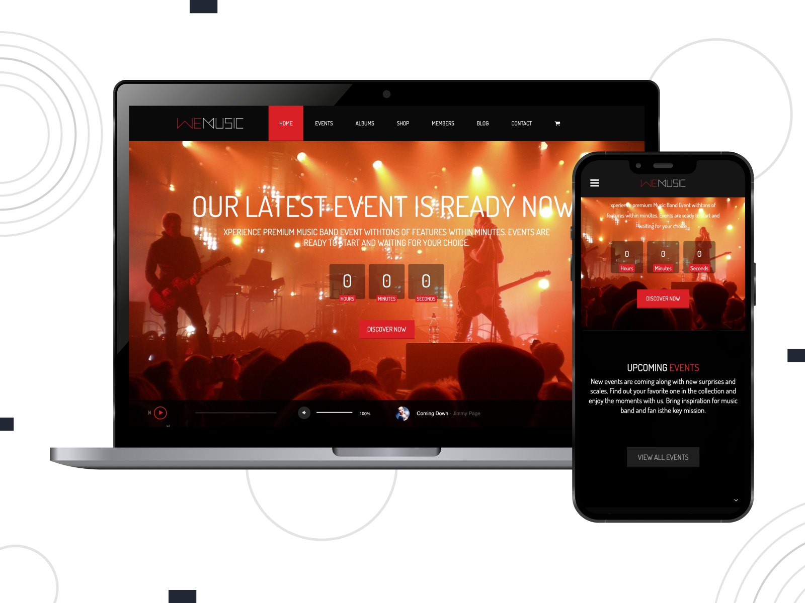 Rendering of WeMusic, a mobile-friendly WordPress theme for music bands with dark & light designs.