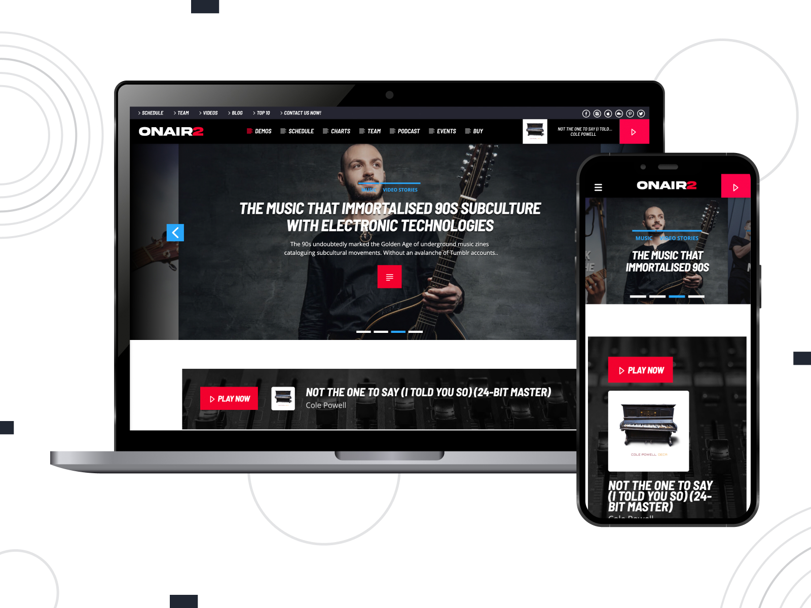 Snapshot of OnAir2, a responsive & SEO-friendly WordPress theme for music labels with an up-to-date radio player.