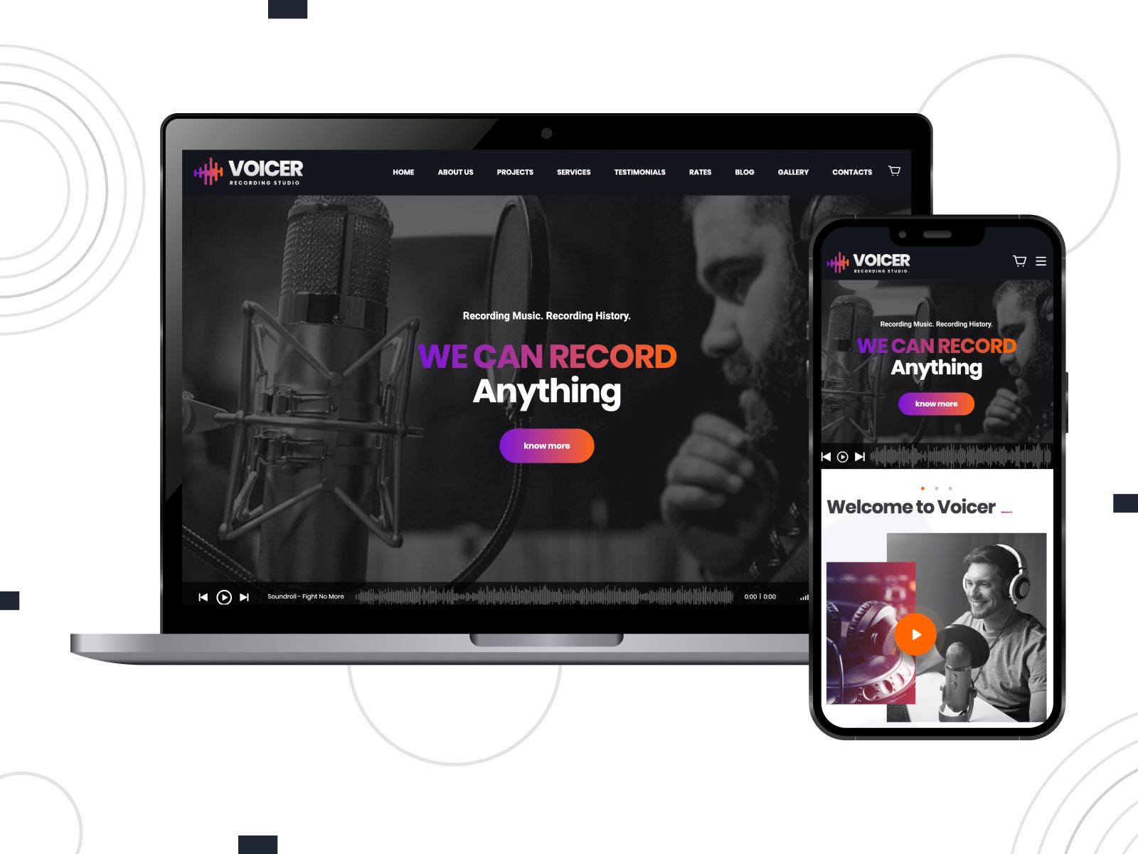 Illustration of Voicer, an innovative recording studio WordPress theme with a custom waveform music player.