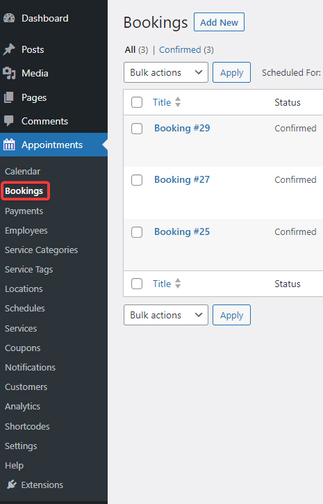 Graphic of using the bookings tab to help you learn how to reschedule an appointment using the MotoPress Appointment booking plugin.