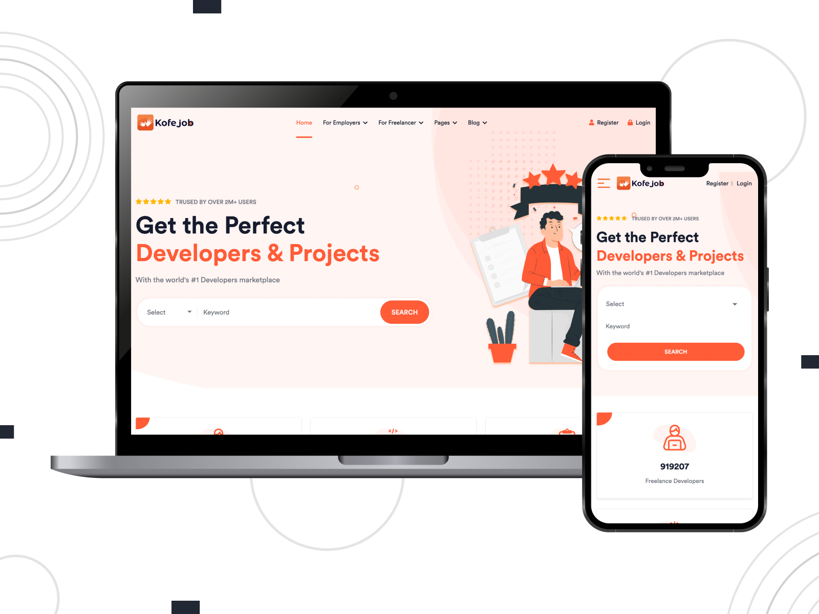 Graphic of Kofejob, one of the best SaaS WordPress themes for collaboration platforms delivering a marketplace for freelancers.