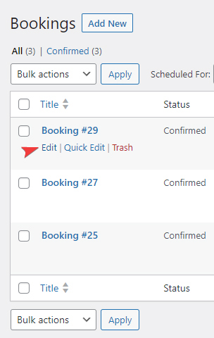 Representation of editing the booking record in the WordPress dashboard.