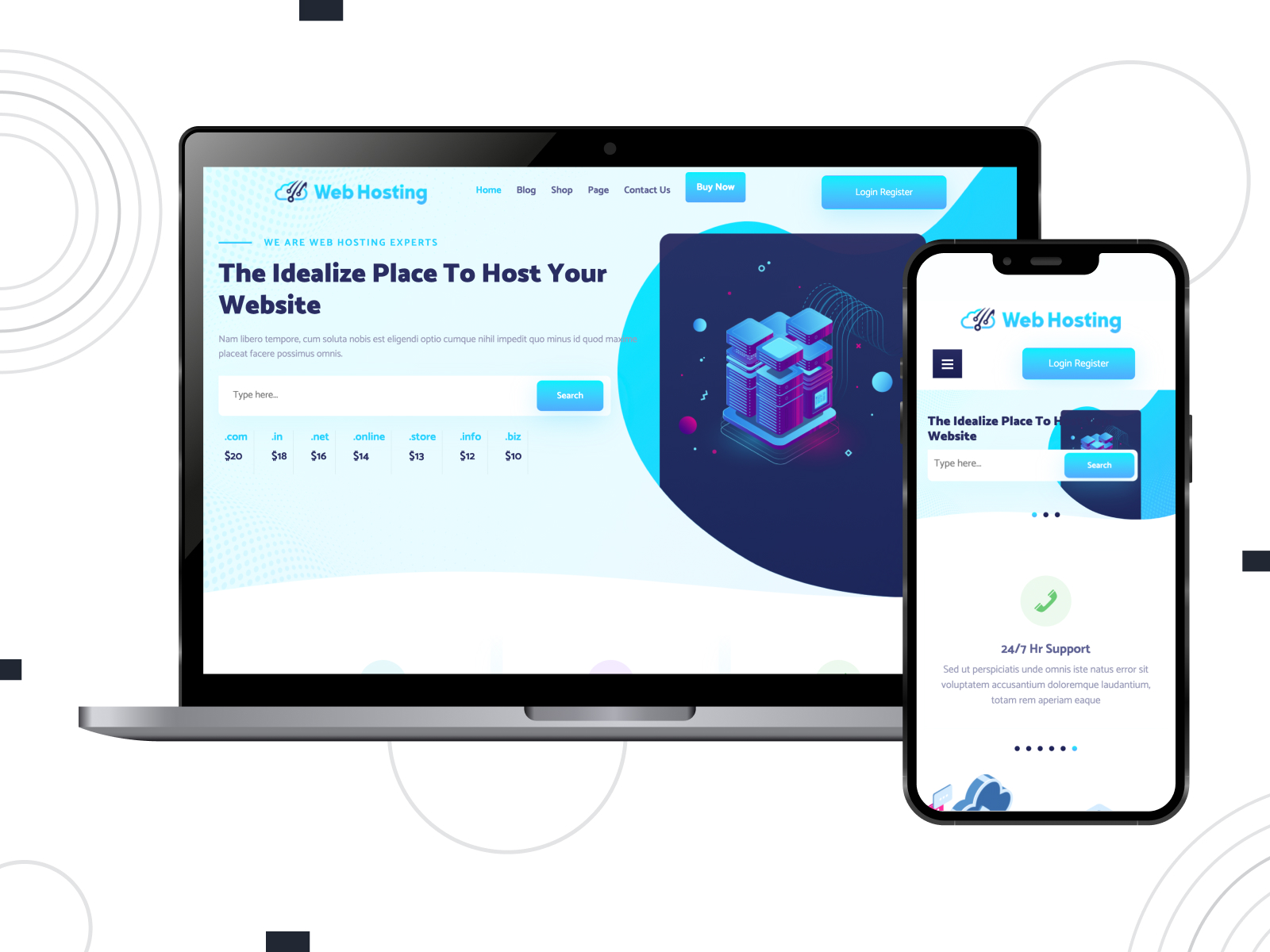 Graphic of Web Hosting Lite, a web hosting-oriented theme for WordPress with a responsive and clean design and easy-to-use navigation menu.