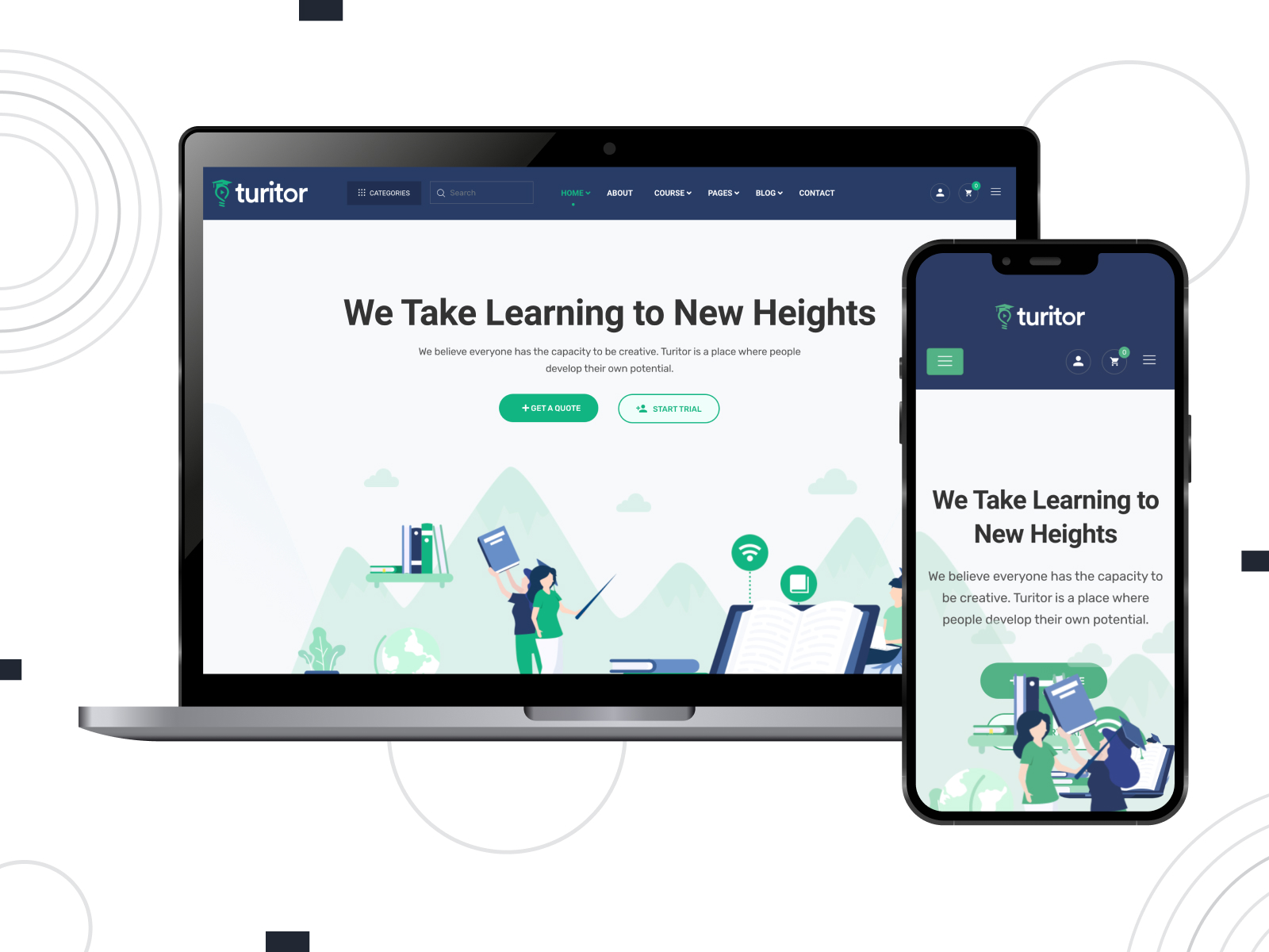 Illustration of Turitor, a modern WordPress theme allowing you to easily add courses and lessons with a pre-designed set of pages.