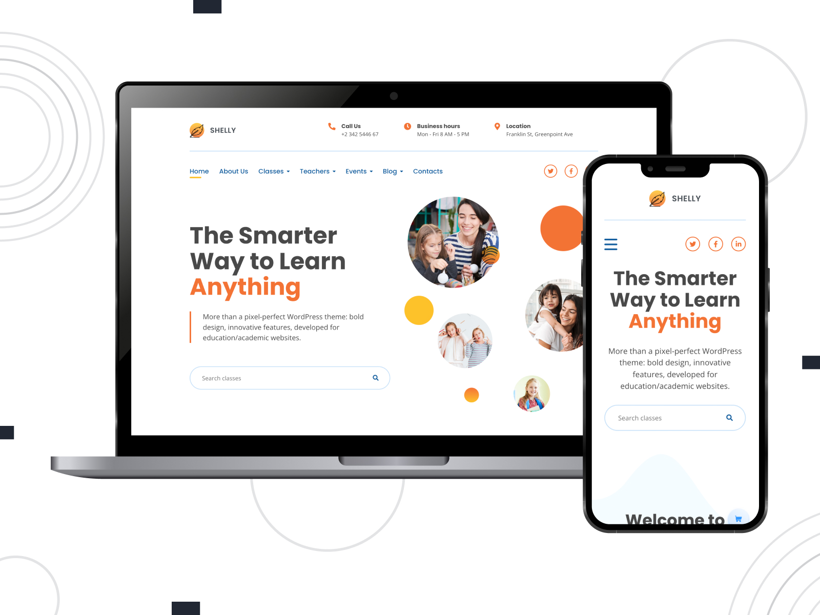 Figure of Shelly, a WordPress theme for education websites filled with diverse pre-designed & customizable page layouts.