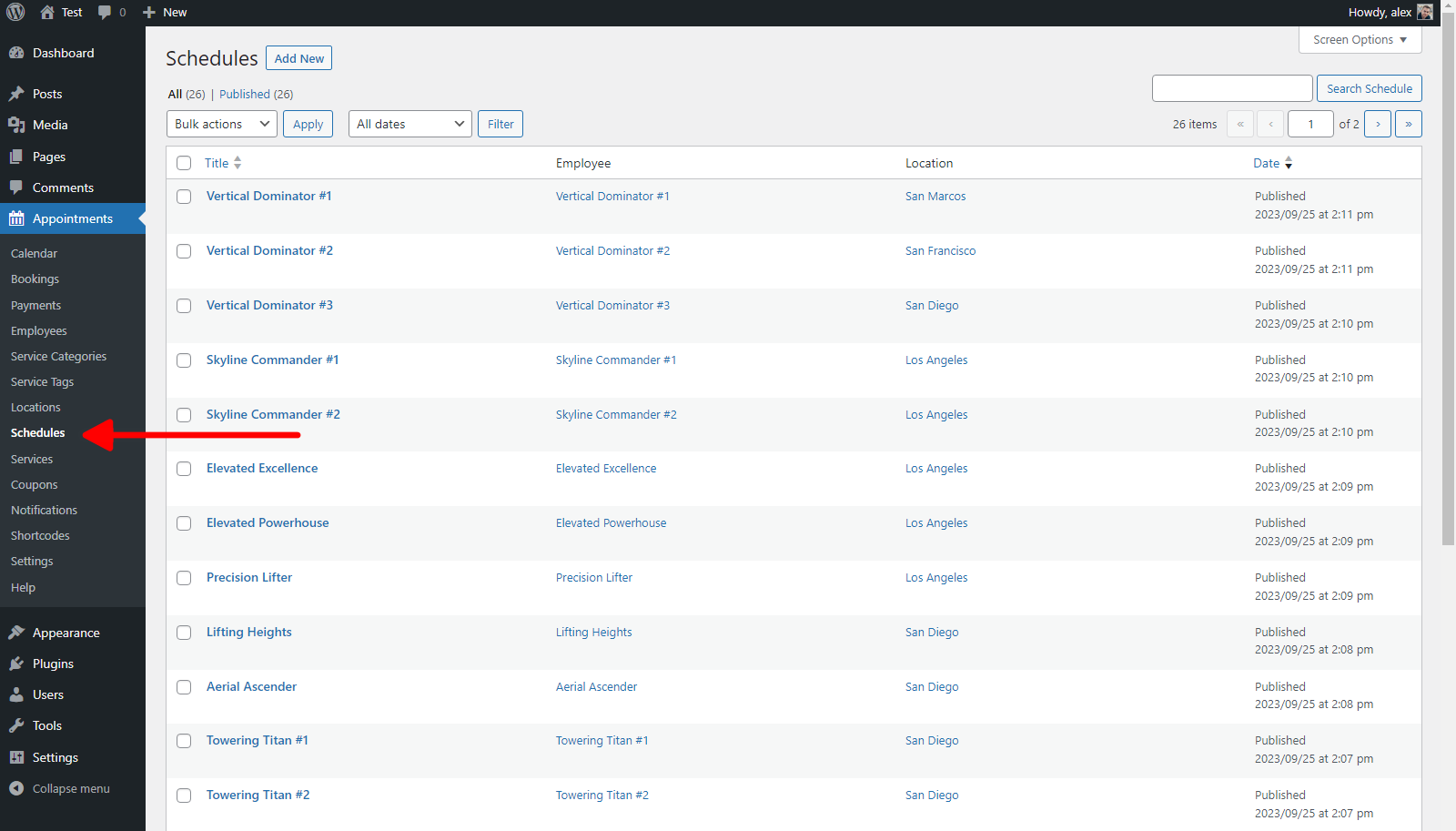 Screenshot of the page listing all Schedules in the equipment rental plugin WordPress.