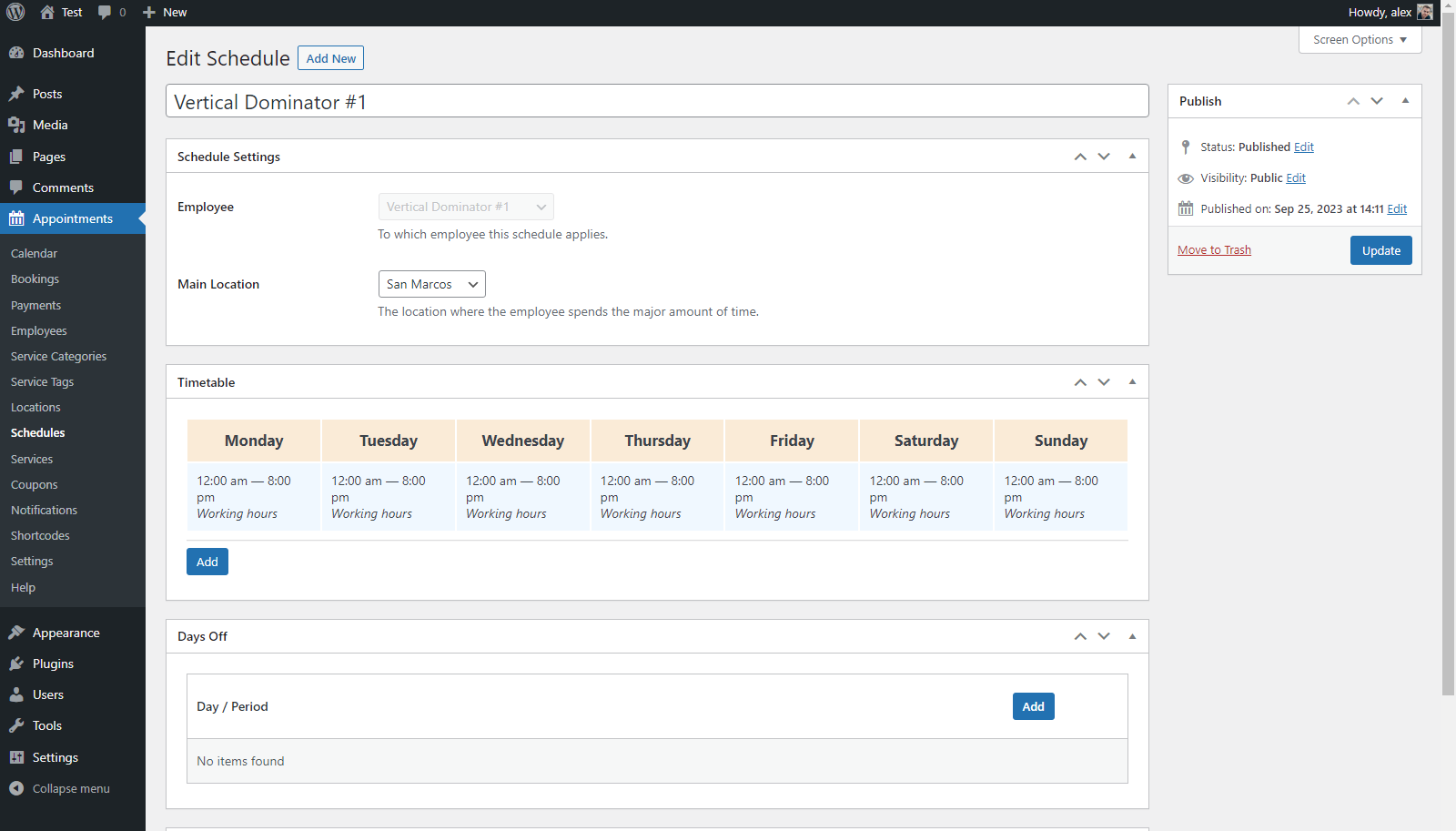 Screenshot of the page in the equipment rental plugin WordPress, showcasing the editing of the Schedule.