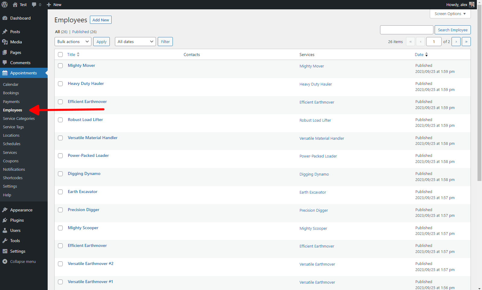 Screenshot of the page listing all Employees in the MotoPress appointment booking plugin for WordPress.