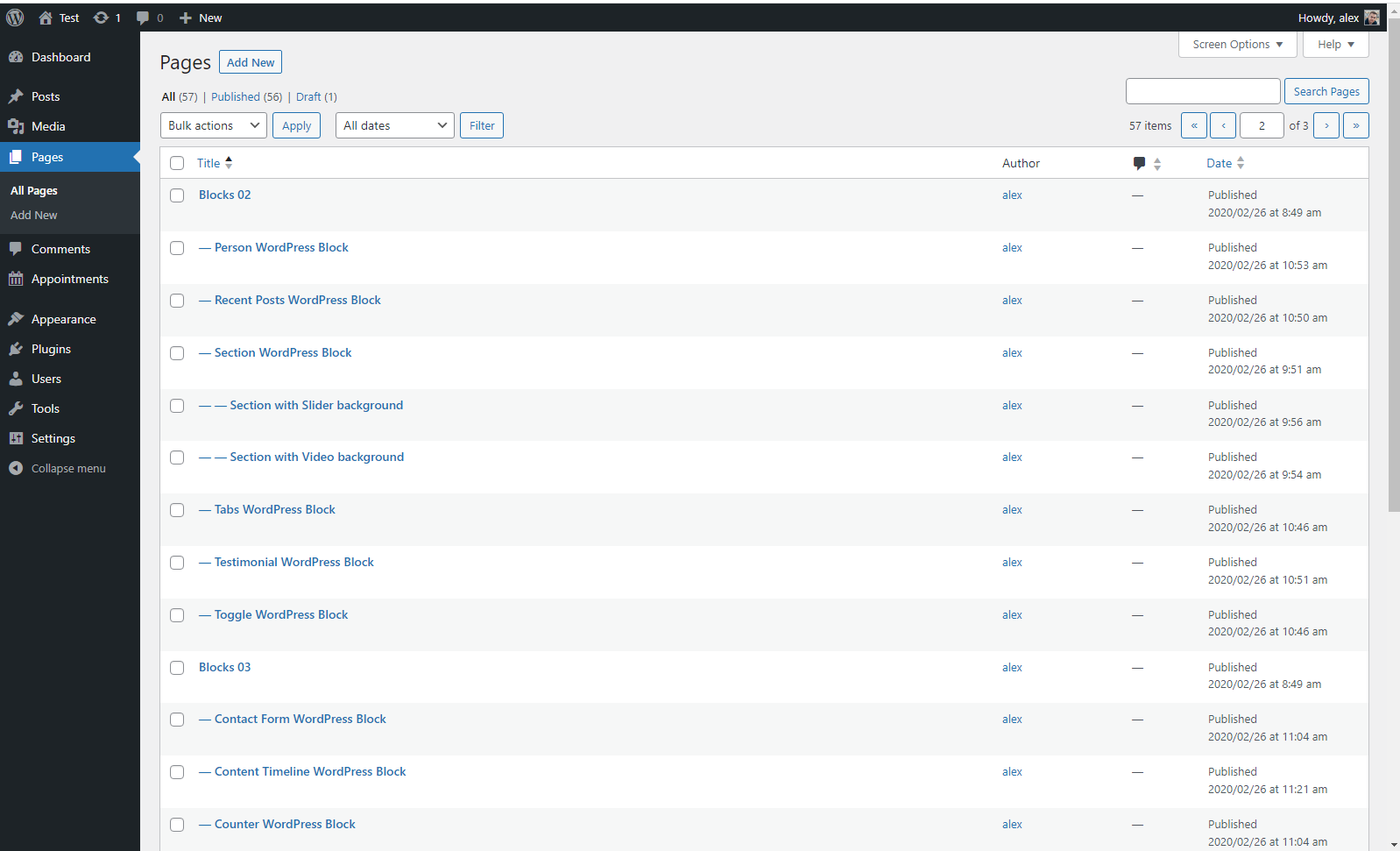 Snapshot showing the list of pages and blocks imported into the Lorenty theme during the initial setup.