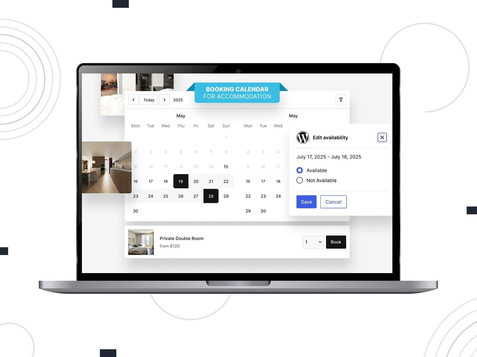 Collage of the MotoPress Booking Calendar for rental accommodation websites.
