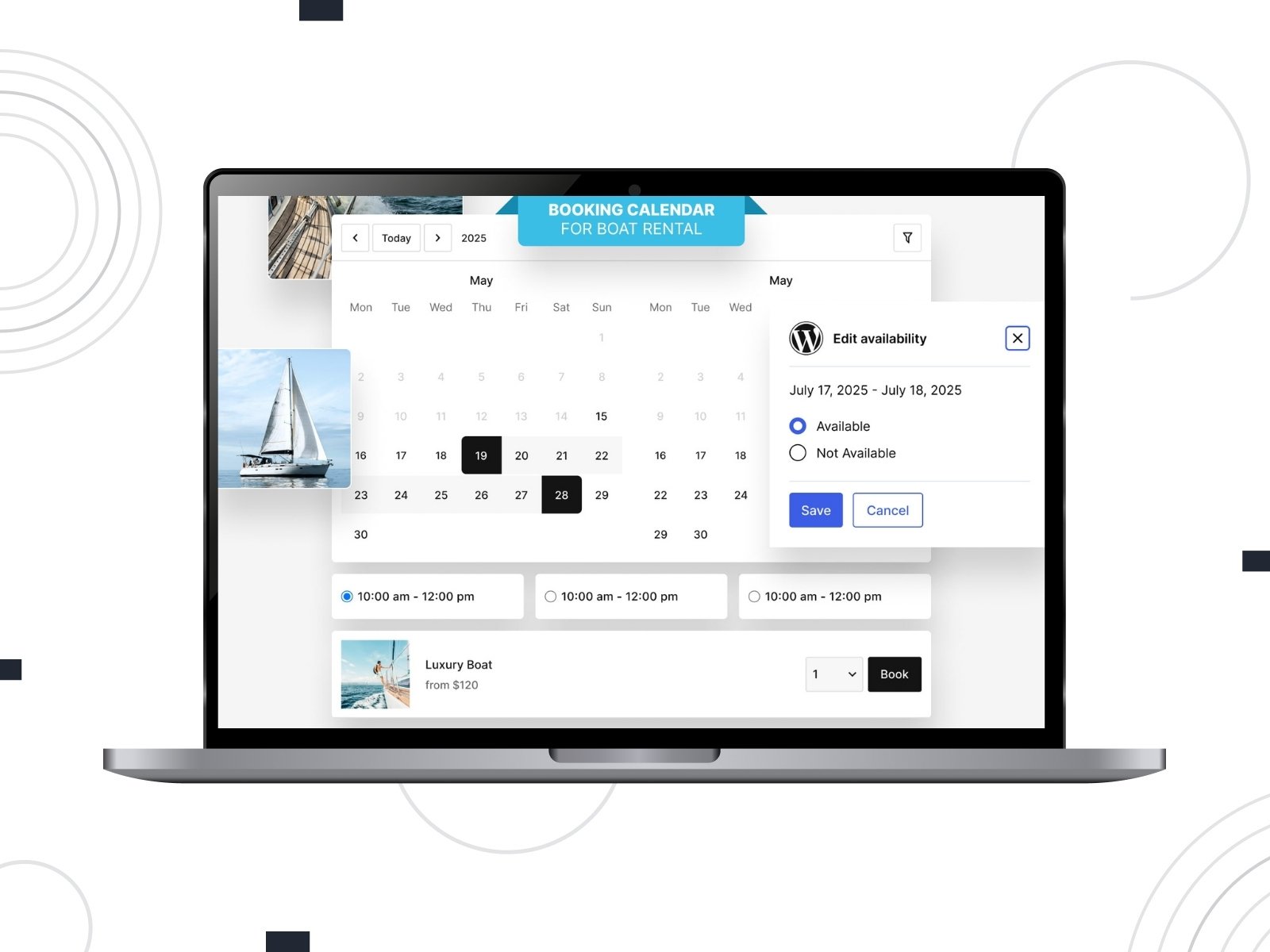 Collage of the MotoPress Booking Calendar for boat rentals on the laptop screen.