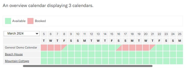 Screenshot of the WP Booking System overview calendar in the dashboard.