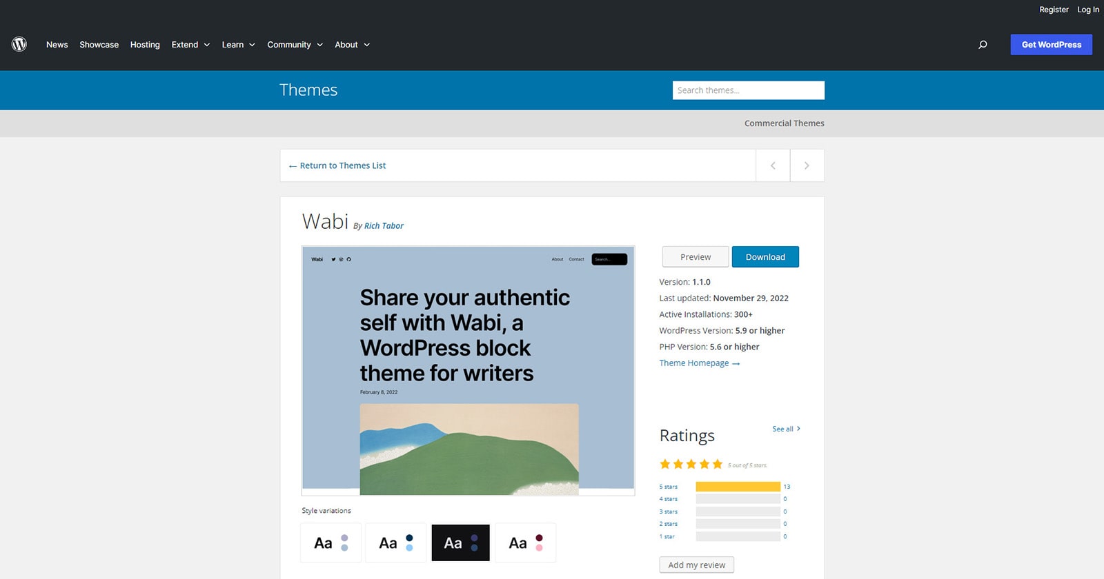 Rendering of Wabi, one of the clean WordPress block themes.