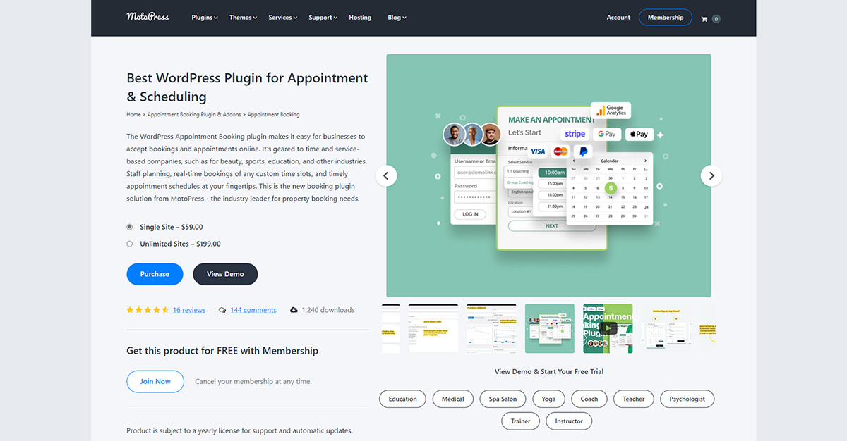 View of the MotoPress Appointment Booking plugin and its product page.