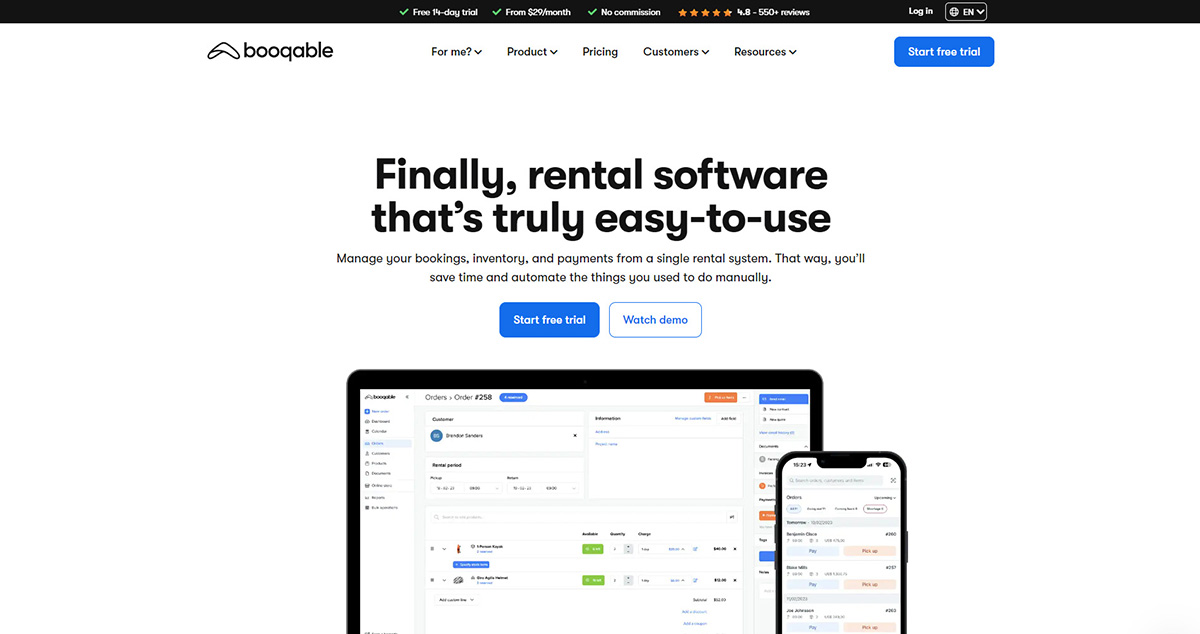 Picture of the Booqable website and quick loot at its desktop and mobile versions.