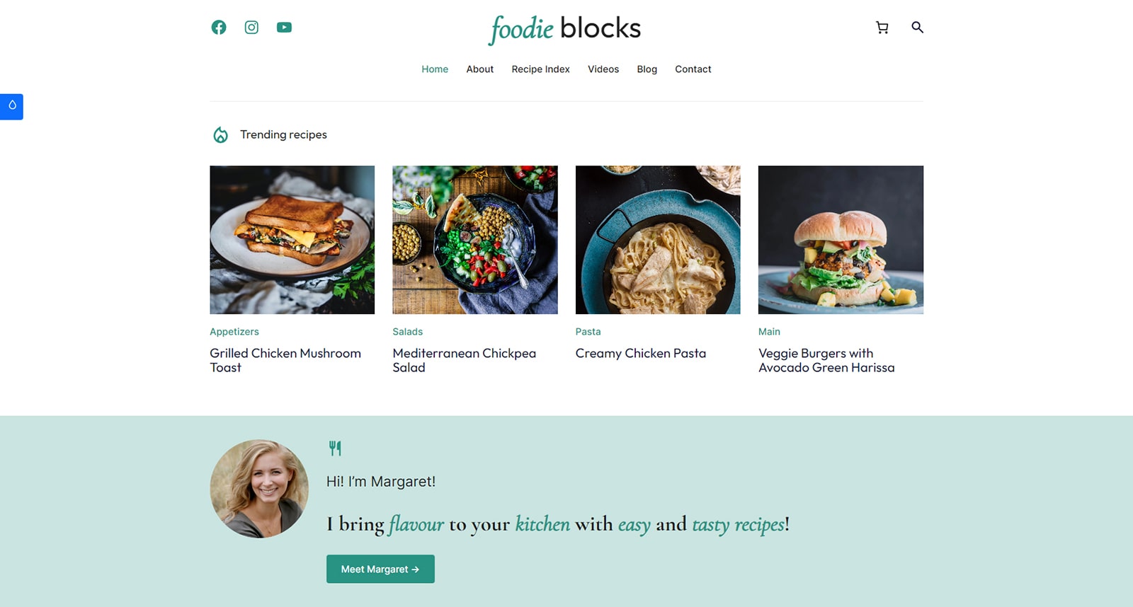 Visual of Foodie Blocks, one of the free & fully customizable WordPress block themes.