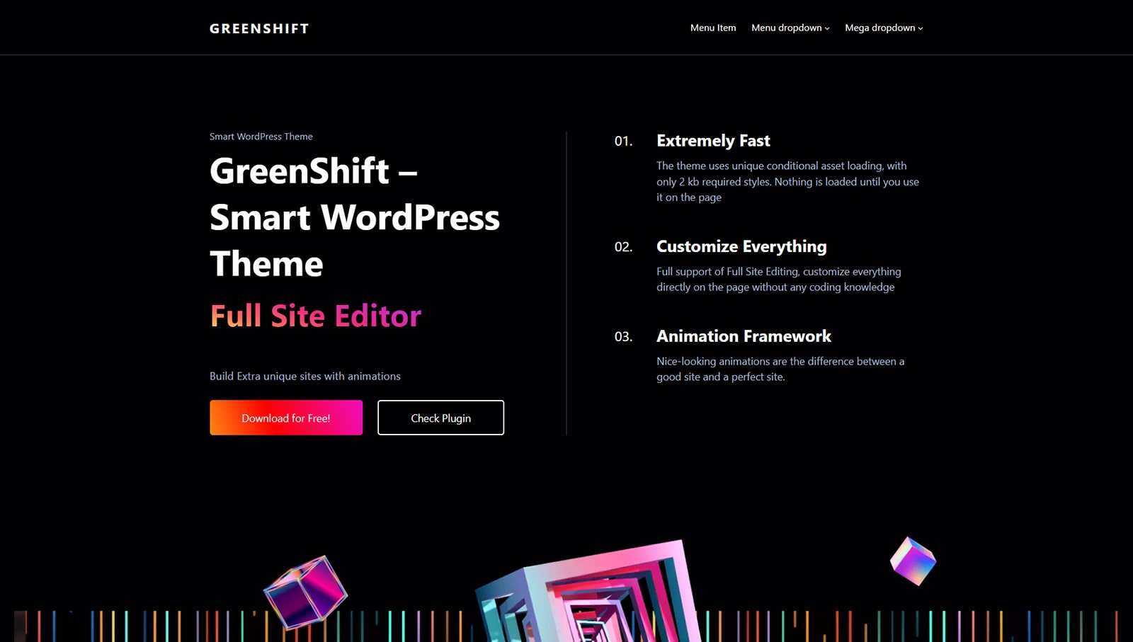 Rendering of Greenshift, a fast-loading WordPress theme for the FSE experience.