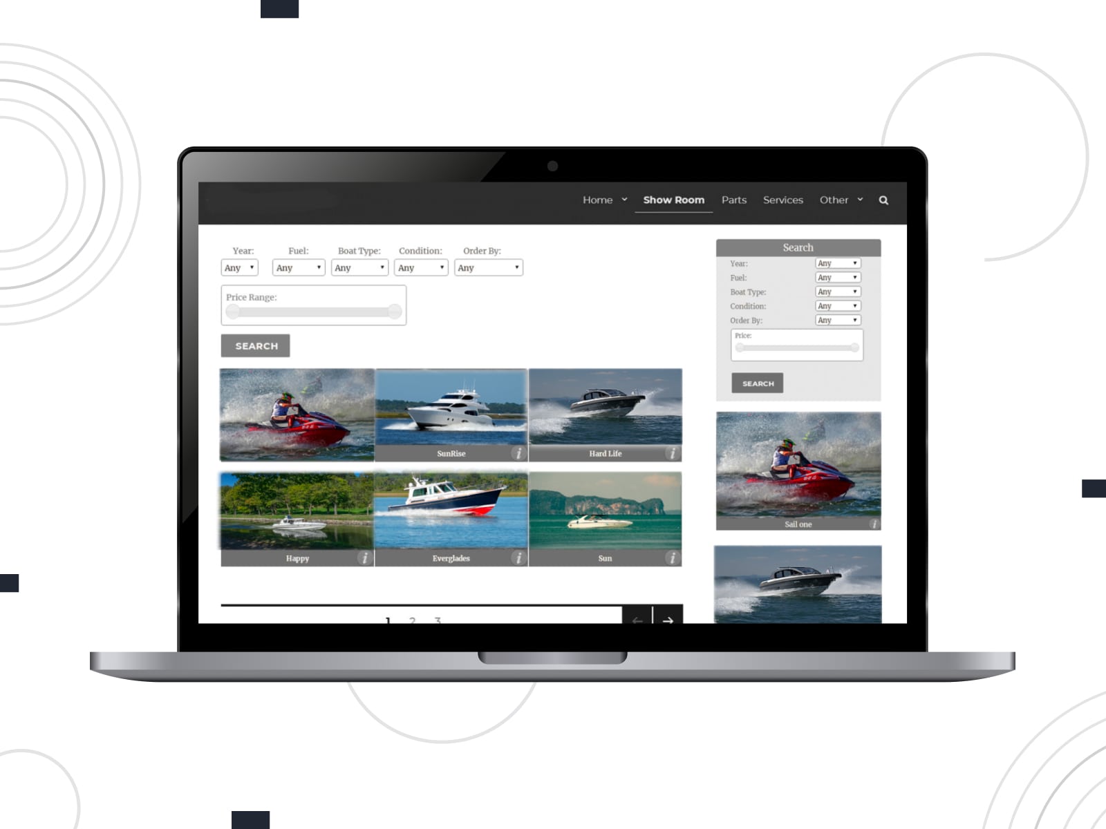 Collage of the BoatSeller free WordPress boat rental theme home page on desktop screen.