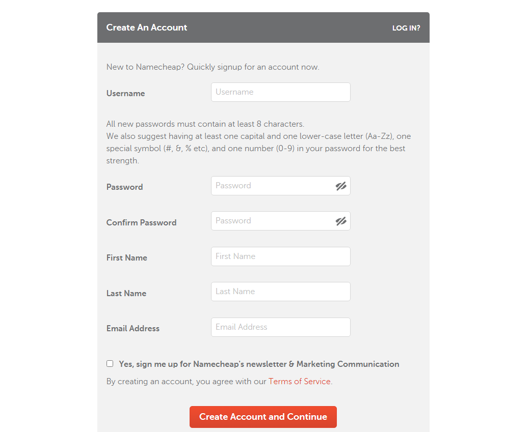 Form for registration on the NameCheap website.