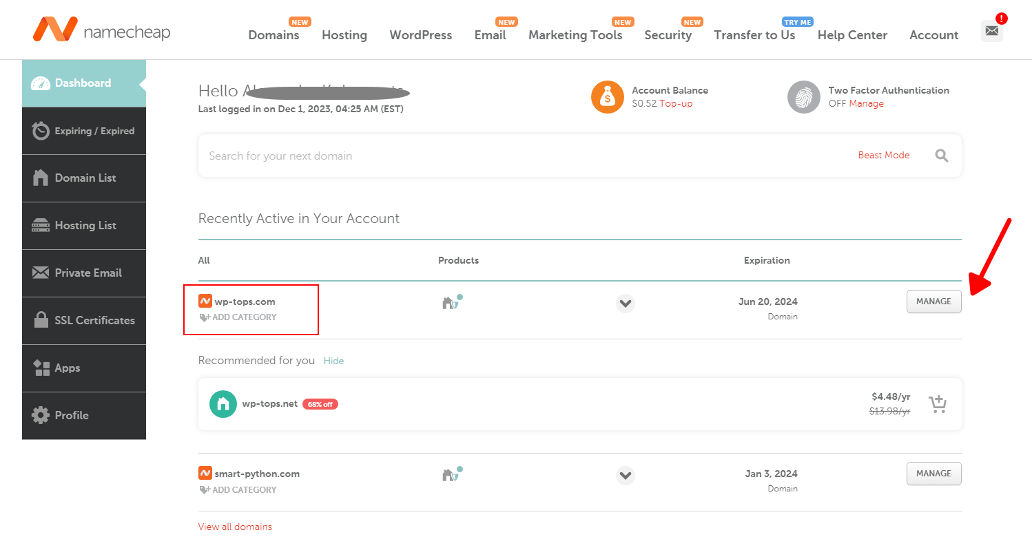 Screenshot of the dashboard with the registered domain names listing on the NameCheap domain name registrar.