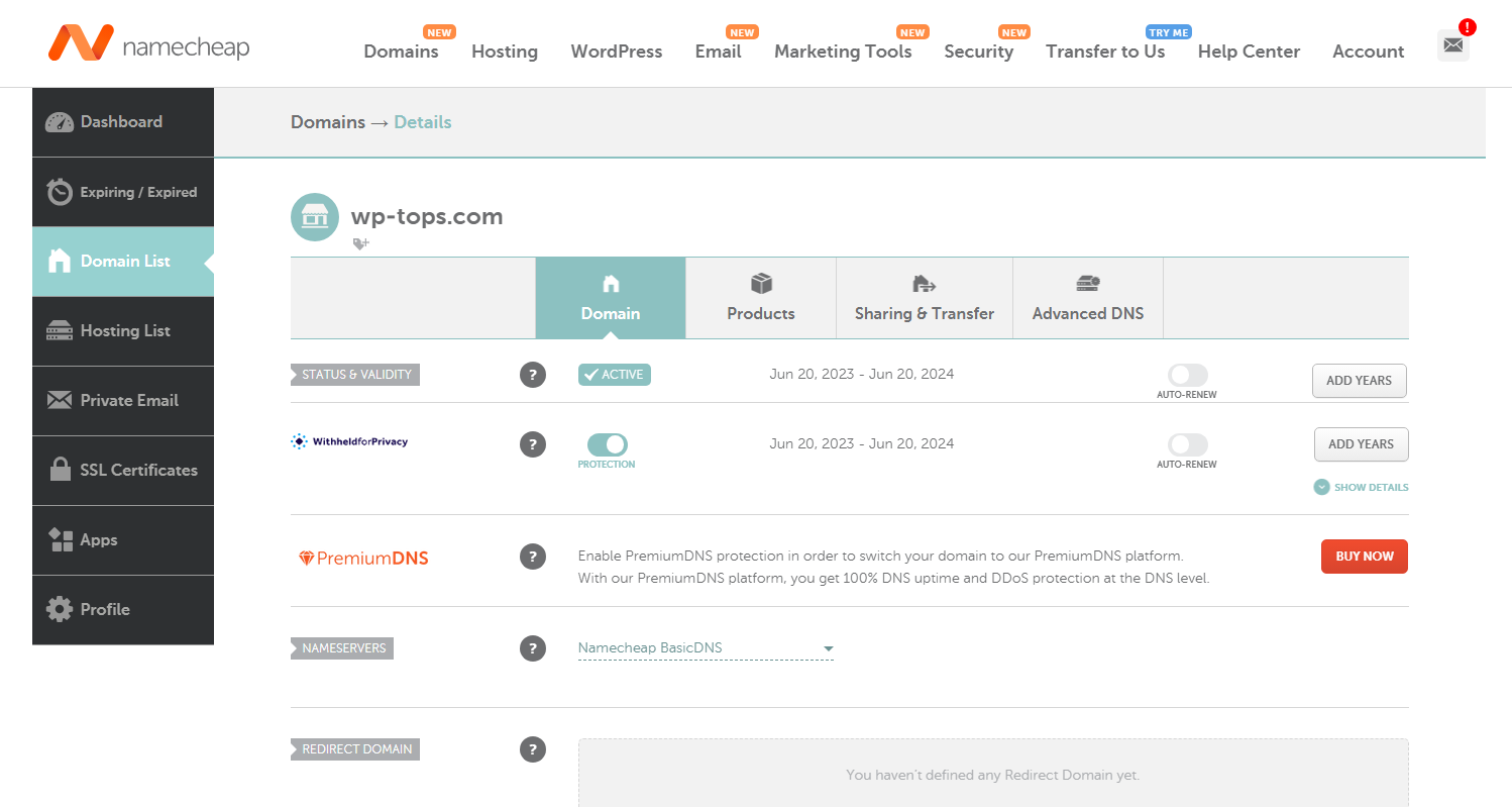 Page for managing domain name configuration options in the NameCheap personal account.