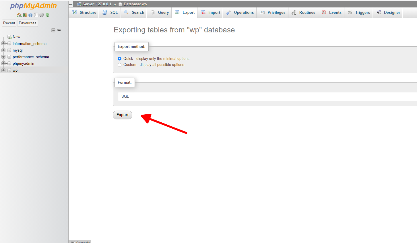 Screenshot of the Export button to dump the database in the PHPMyAdmin panel.