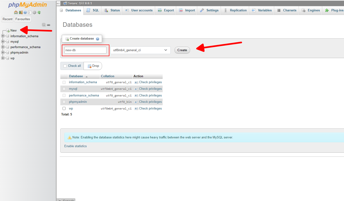 How to create a new database in the PHPMyAdmin panel.