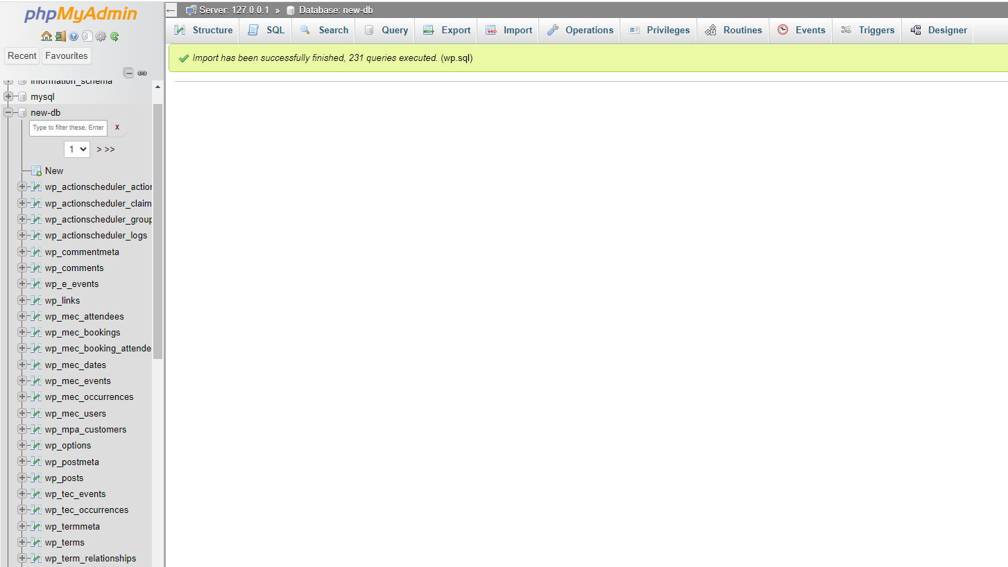 Screenshot of the Success message related to the successful import process in the PHPMyAdmin panel.