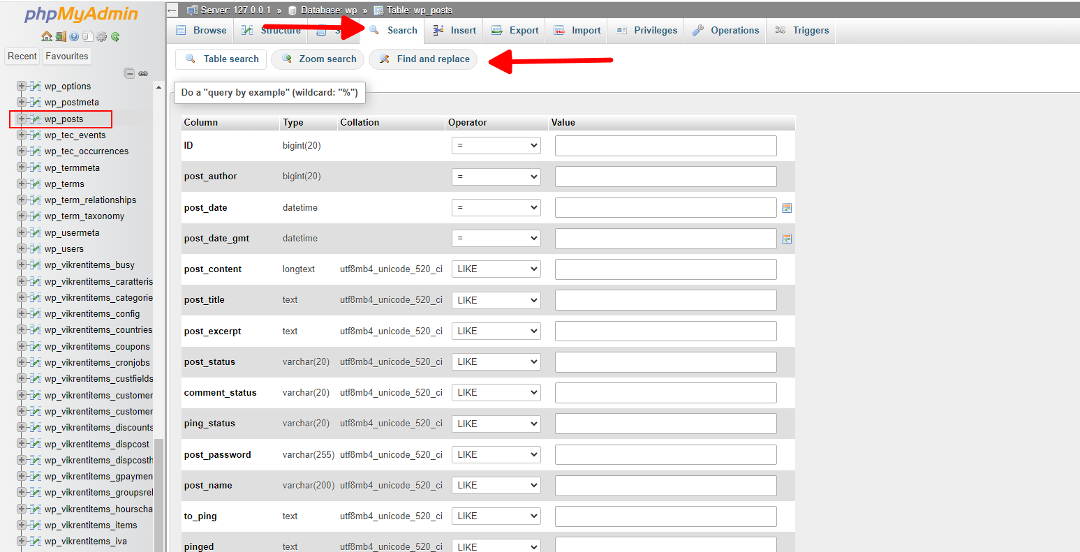Screenshot of the Find and Replace button in the PHPMyAdmin database management panel.