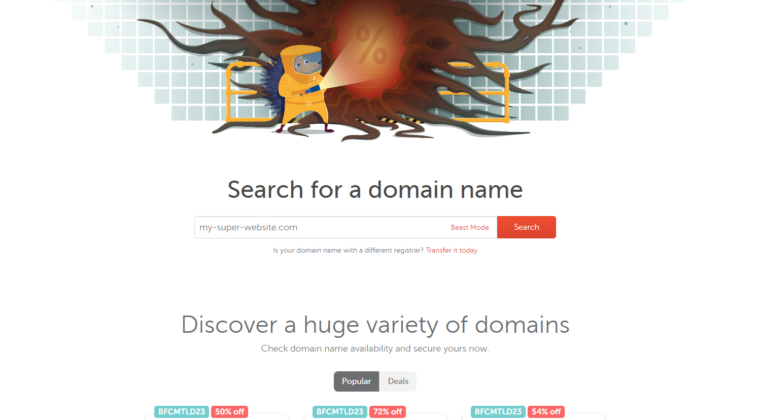 Domain name availability checkup form on the NameCheap website.