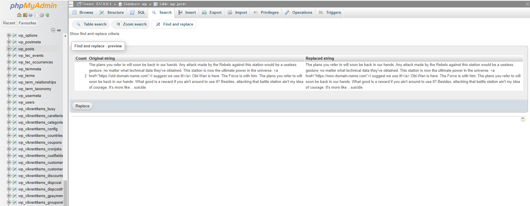 Screenshot showing a preview of all text instances to be replaced in the PHPMyAdmin panel.