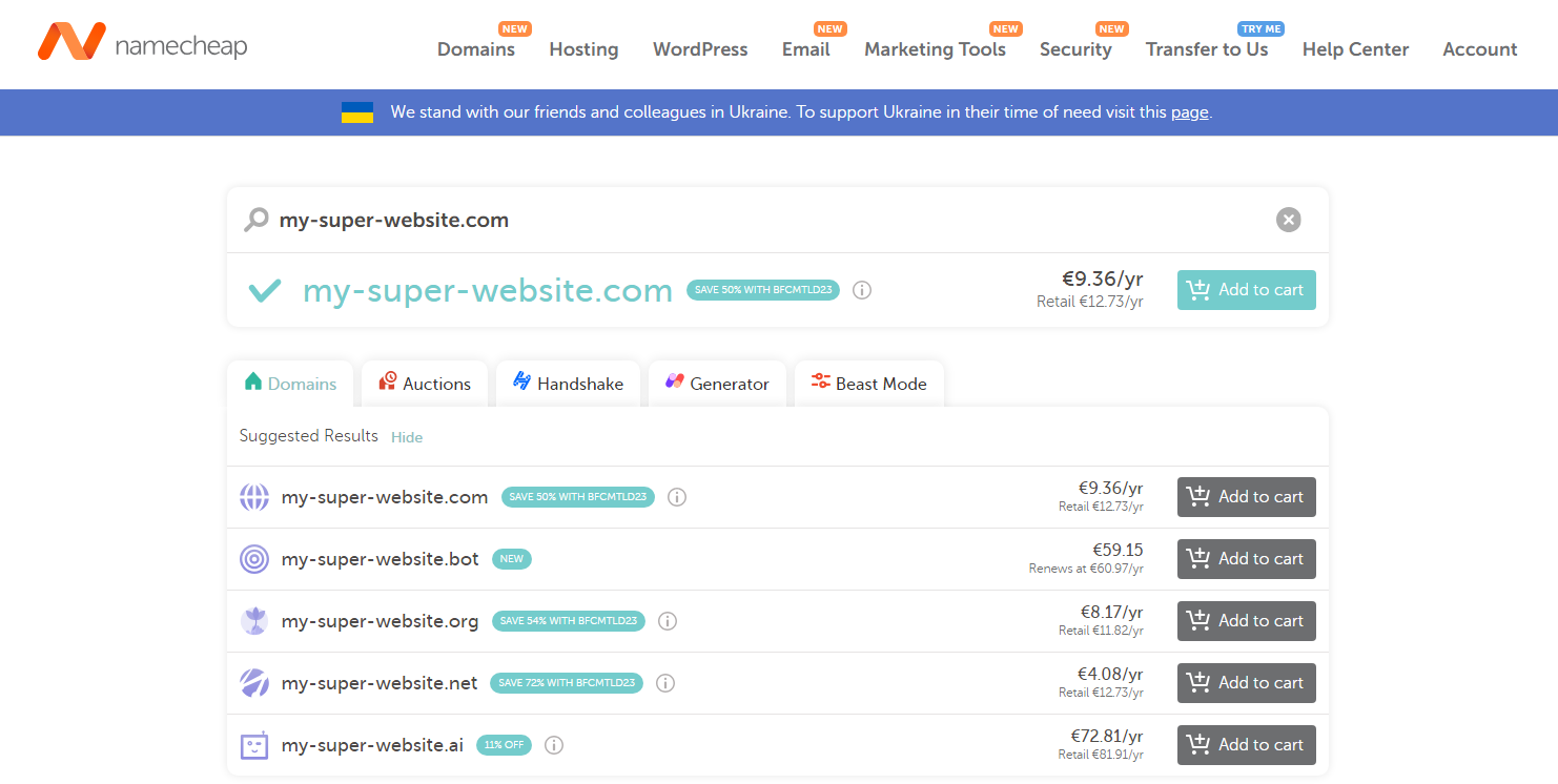 Screenshot of the results page of the domain name availability checkup on the NameCheap service.