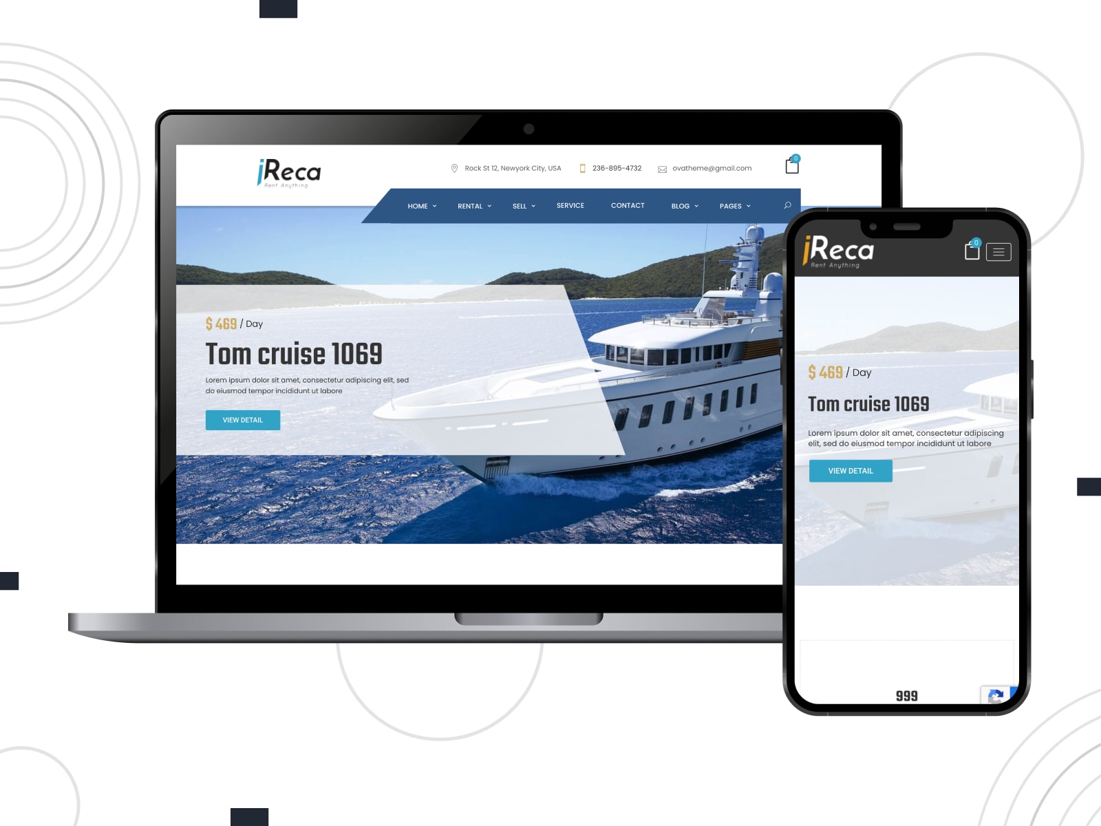 Collage of the Ireca theme for WordPress boat rental sites in blue, white and gray colors.