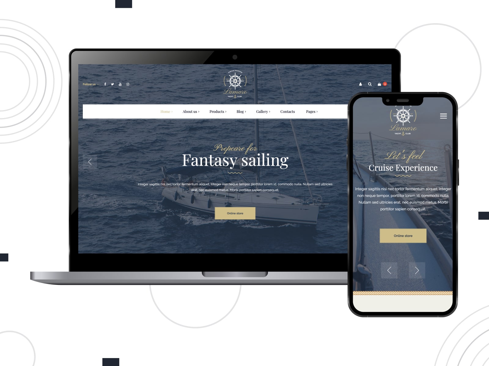 Collage of the Lamaro boat and yacht charter rental themes for WordPress websites on desktop and mobile screens.