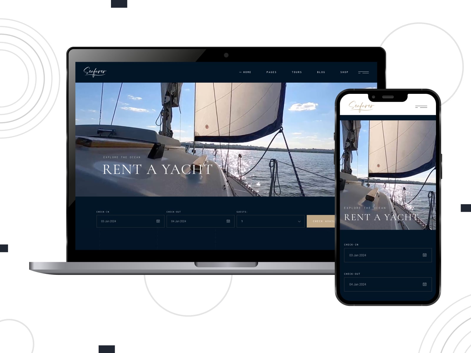 Collage of the Seafarer boat rental WordPress themes demo page on mobile and desktop screens.