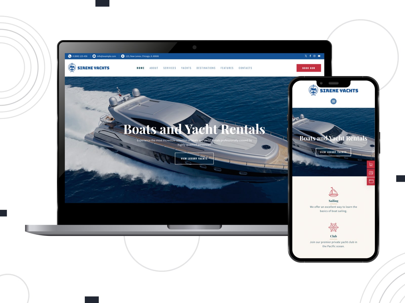 Collage of the Sirene yach and boat rental WordPress themes for websites in blue and white colors on dektop and mobile screens.