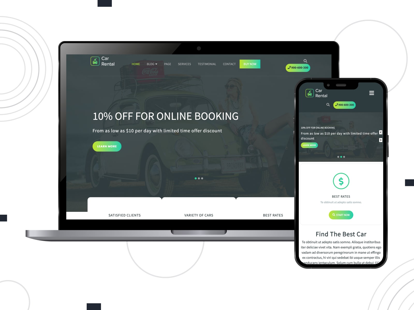 Collage of the free VW Car Rental theme for boat websites in gray, white and green colors.