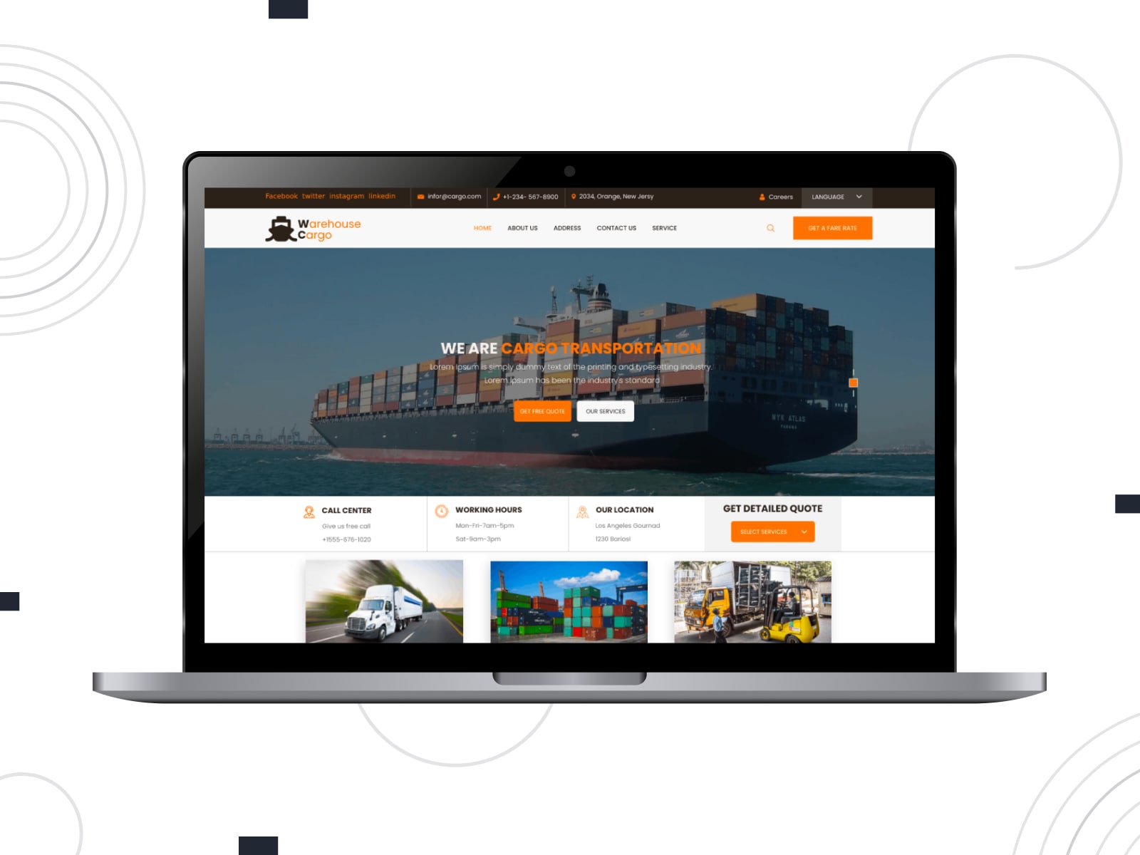 Collage of the Warehouse Cargo free WordPrss theme demo page in white, orange and blue colors.