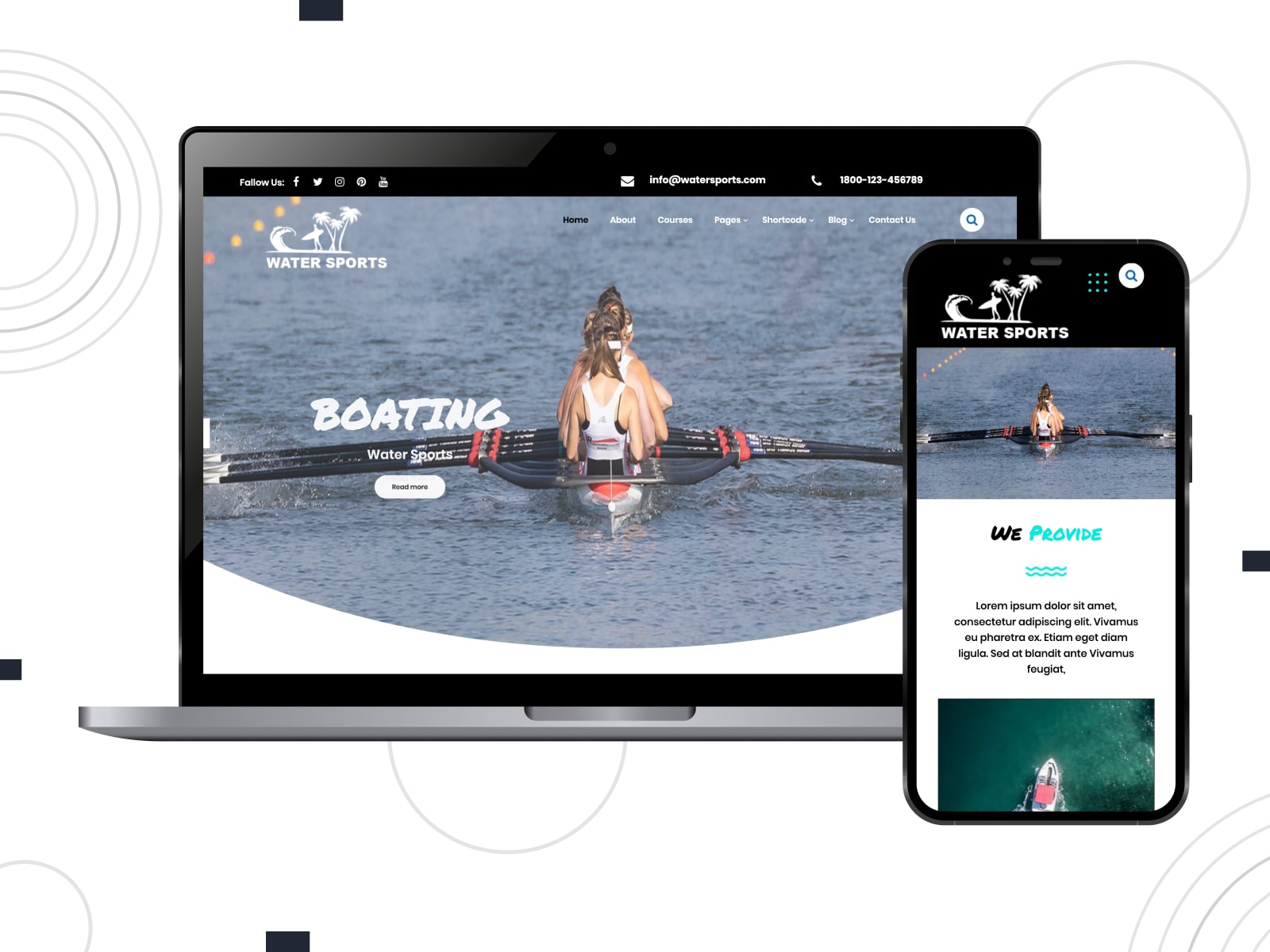 Collage of the free Water Sports Club WordPress rental theme for boat websites in blue and white colors on mobile and desktop screens.