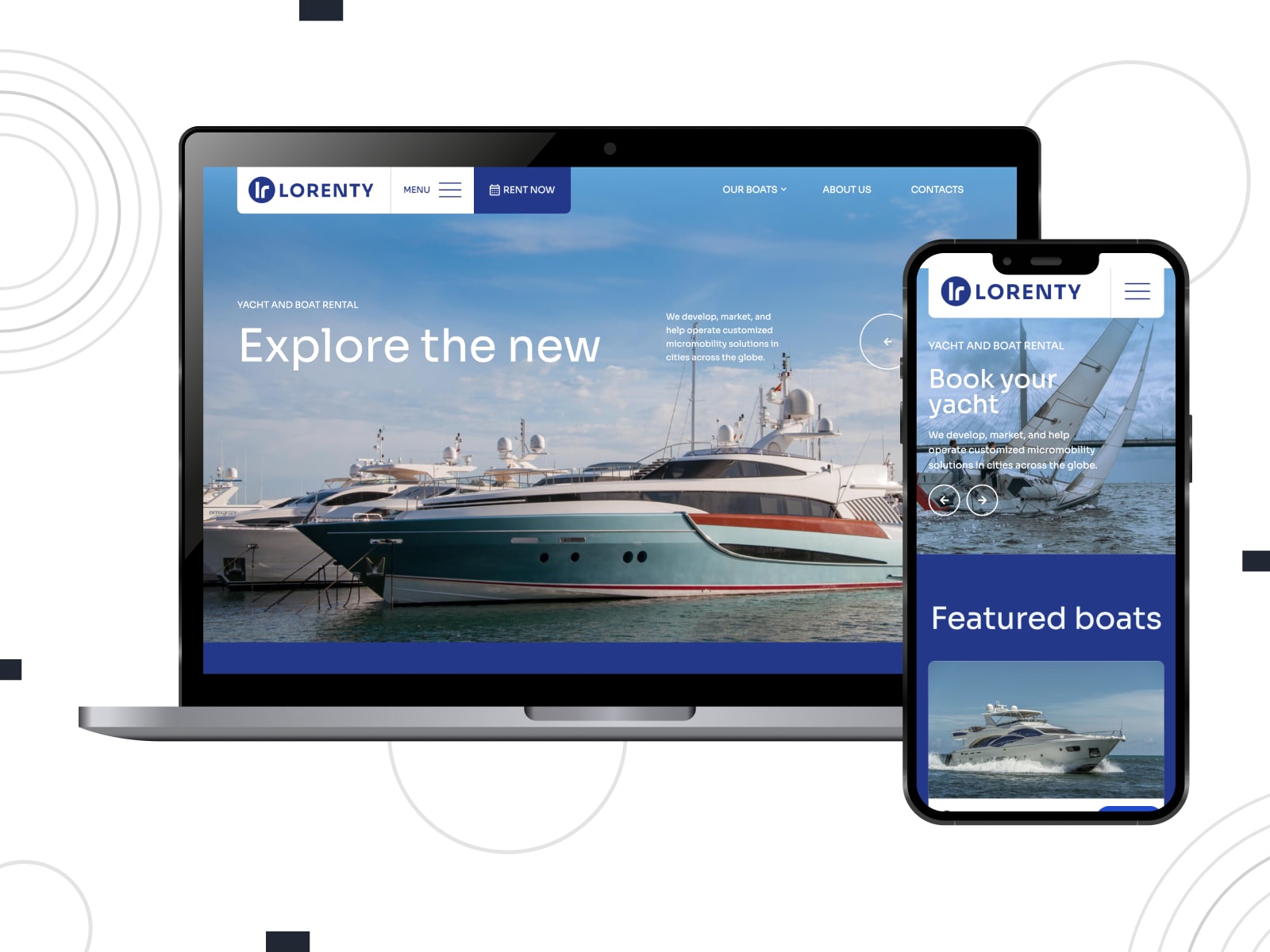 Collage of the Lorenty boat rental demo page on mobile and desktop screens.