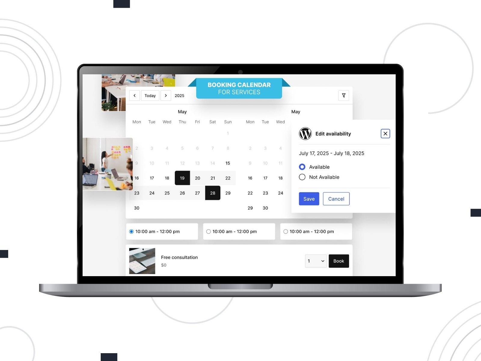 Collage of the MotoPress Booking Calendar for services on the laptop screen.