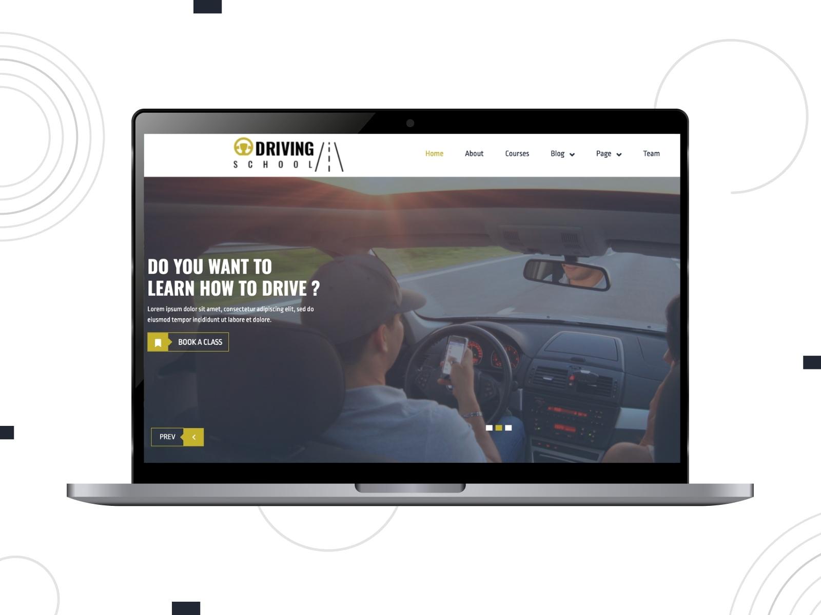 Collage of the free VW Driving School theme for WordPress websites.