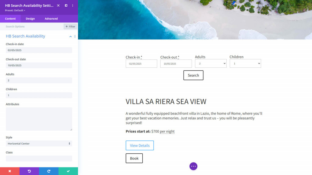 Hotel Booking Divi Integration - Availibility Search Form