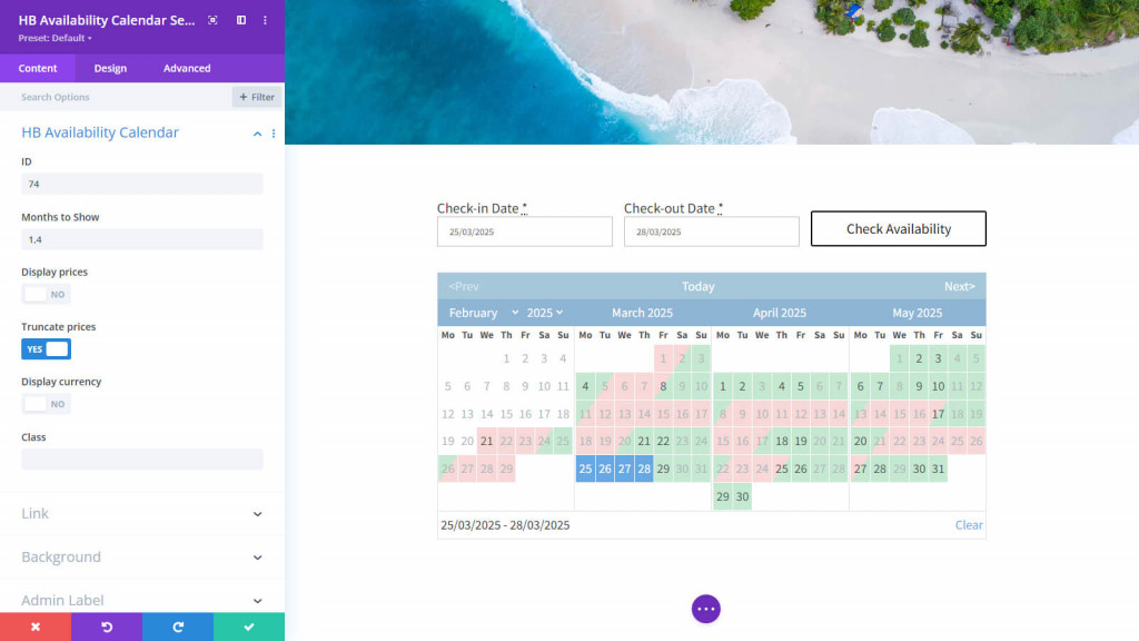 Hotel Booking Divi Integration - Availibility Calendar