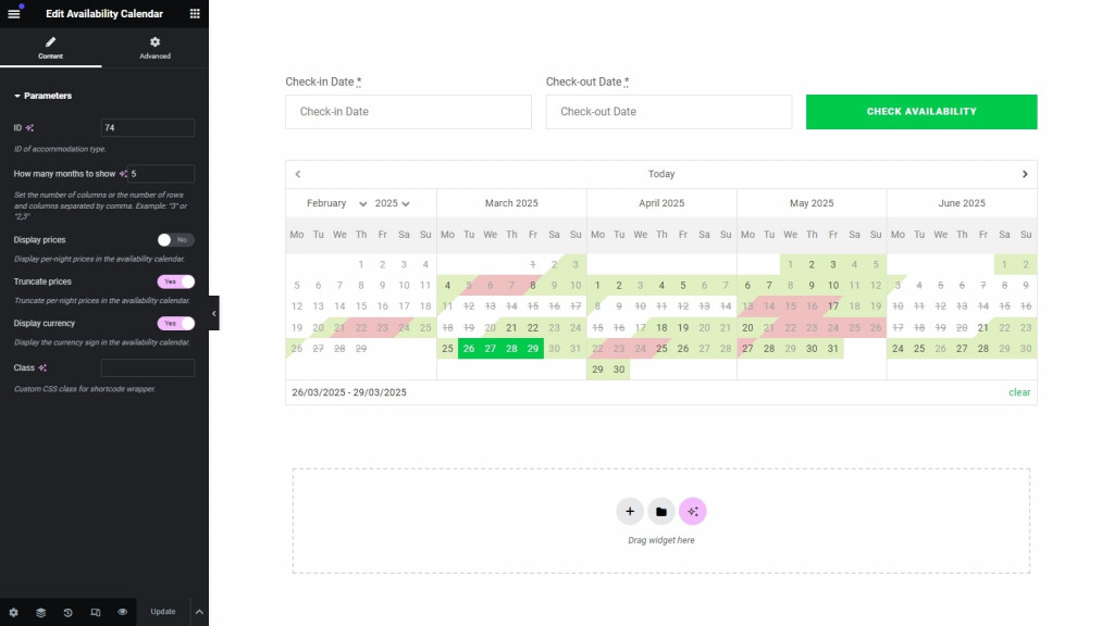 Hotel Booking Elementor Integration - Availability Calendar